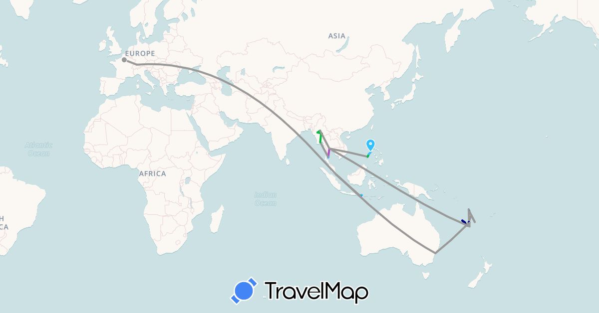 TravelMap itinerary: driving, bus, plane, train, hiking, boat, motorbike in Australia, Switzerland, France, Indonesia, Myanmar (Burma), Philippines, Singapore, Thailand, Vanuatu (Asia, Europe, Oceania)
